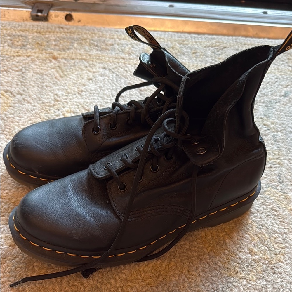 Dr. Martens Black Leather Boots with Yellow Stitching